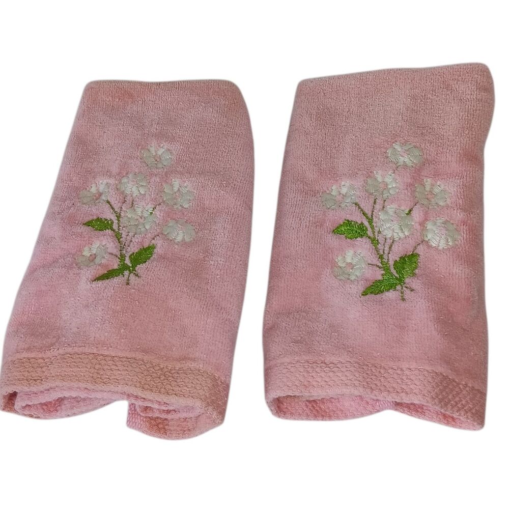 Two Utica by J P Stevens Hand Towels Pink White Embroidered Flowers Cotton VTG
